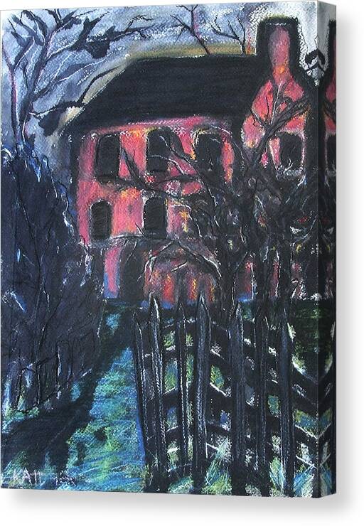 Original Art Pastel Chalk Drawing Red House Tree Fence Canvas Print featuring the pastel The Red House by Katt Yanda