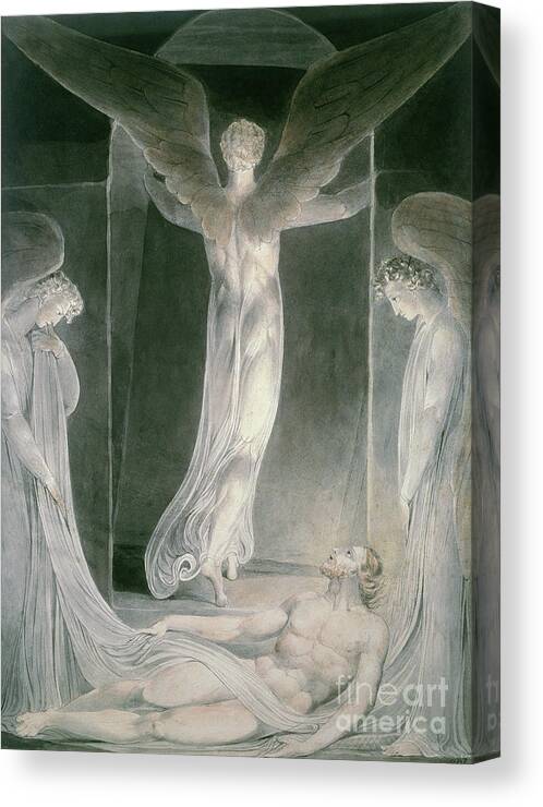 The Resurrection: The Angels Rolling Away The Stone From The Sepulchre By William Blake (1757-1827) Canvas Print featuring the drawing The Resurrection by William Blake