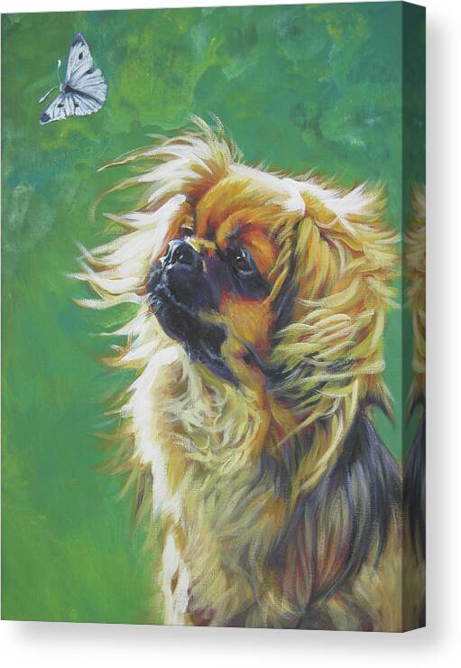 Tibetan Spaniel Canvas Print featuring the painting Tibetan Spaniel and cabbage white butterfly by Lee Ann Shepard