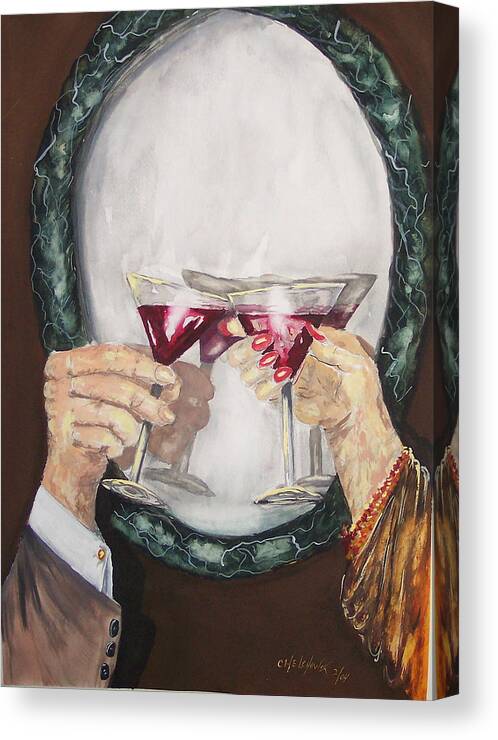 Toast Drink Glass Of Champagne Red Wine Mirror Hands Happy Birthday Anniversary Canvas Print featuring the painting Toast by Miroslaw Chelchowski