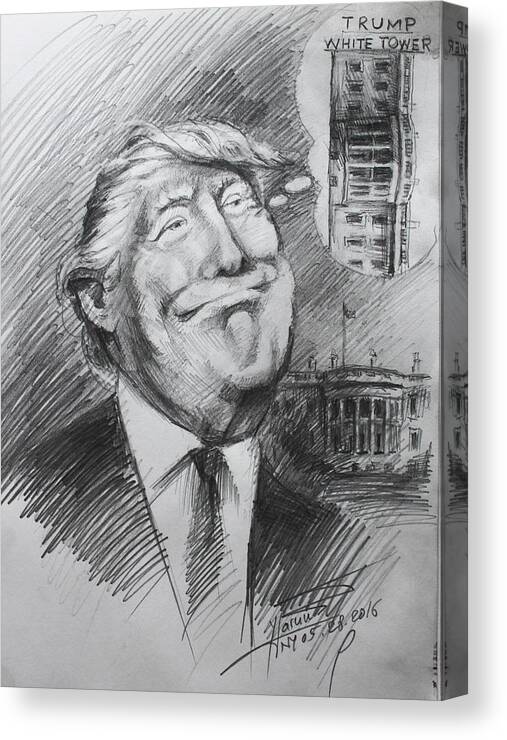Donald Trump Canvas Print featuring the drawing Trump White Tower by Ylli Haruni