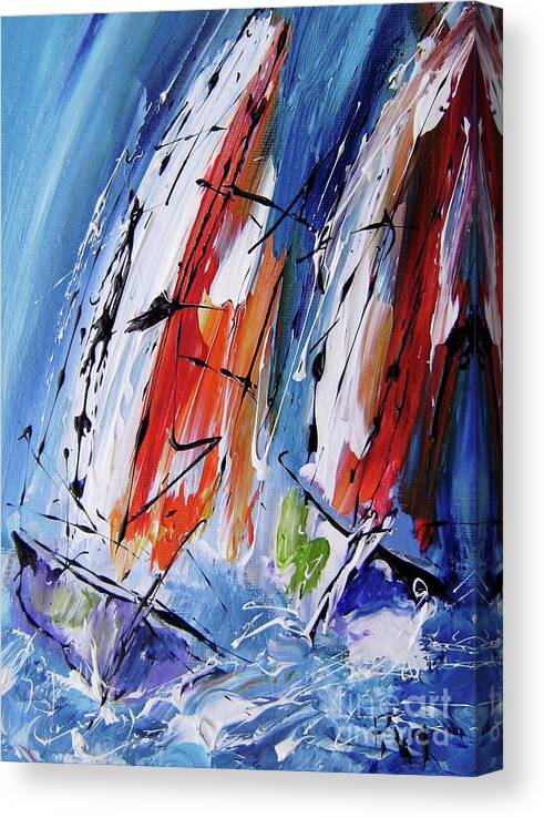 Sailing Canvas Print featuring the painting Two sails on the ocean by Mary Cahalan Lee - aka PIXI