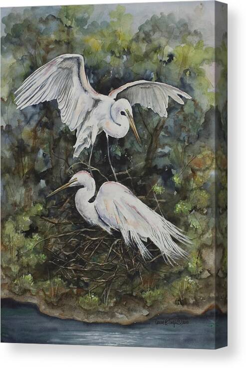 Egrets Canvas Print featuring the painting Two Snowy Egrets by Laurie Tietjen