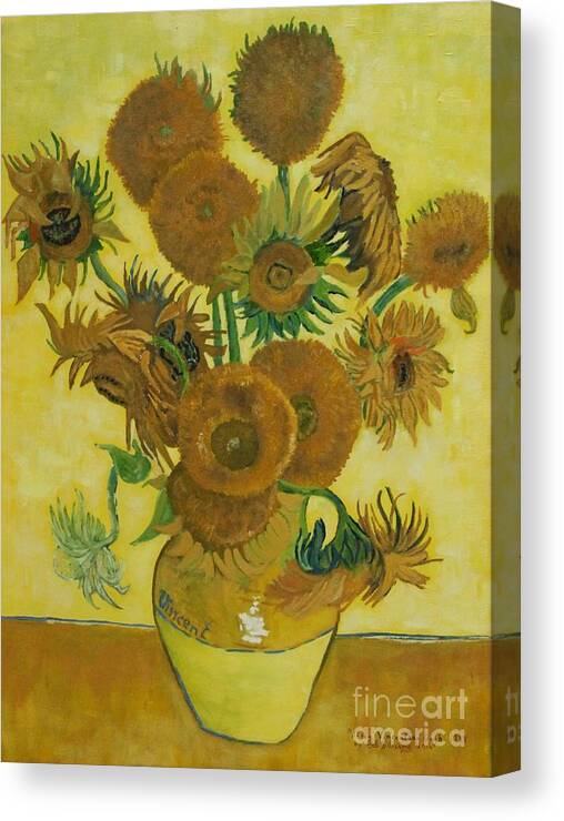 Sunflowers Canvas Print featuring the painting Vase withFifteen Sunflowers by Bob Williams