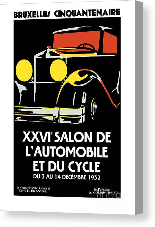 Vintage Canvas Print featuring the digital art Vector art deco Brussels 1930s auto salon by Heidi De Leeuw