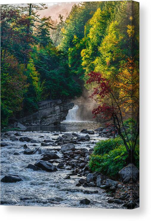25 Vermont Morning Waterfall Landscape Flora Foliage Leaf Leaves Vegetation Tree Branch Forest Rock Boulder Stone Water River Brook Creek Stream Waterfall Cascade Flow Vermont Vt United States America Outside Outdoor Day Fall Autumn Mist Sunlight Sunshine Vertical Tall Depth Deep Dimension Bright Luminous Radiant Lit Dynamic Vivid Vibrant Colorful Red Crimson Yellow Green Blue Gray Grey Charcoal Silver Drama Country Steve Steven Maxx Photography Photo Photographs Canvas Print featuring the photograph Vermont Morning Waterfall by Steven Maxx