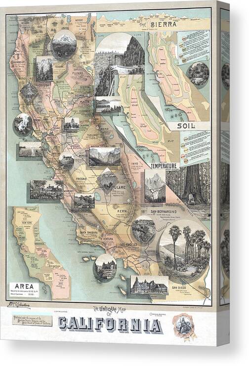 Southern Pacific Company Canvas Print featuring the digital art Vintage California Map by Lisa Redfern