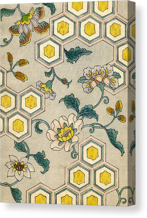 #faatoppicks Canvas Print featuring the painting Vintage Japanese illustration of blossoms on a honeycomb background by Japanese School