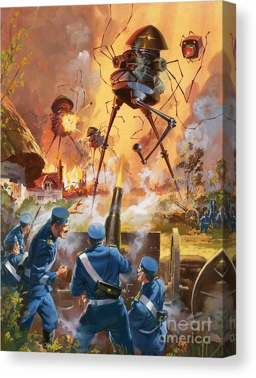 War Of The Worlds; H. G. Wells; H G Wells; Hg Wells. Novel; Literature; Mars; Martian; Invasion; Alien; Space; Science Fiction; Battle; London; Germs; Outer Space; Science Fiction; Soldiers; Cannon; Legs; Book Canvas Print featuring the painting War of the Worlds by Barrie Linklater
