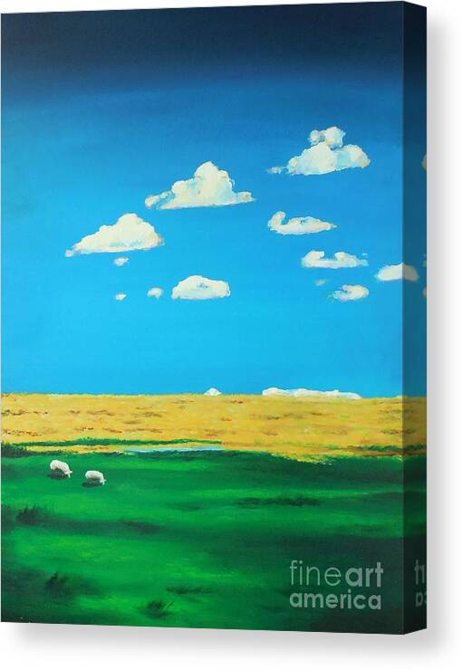 Sheep Canvas Print featuring the painting Wide Open Spaces and a Big Blue Sky by Cami Lee