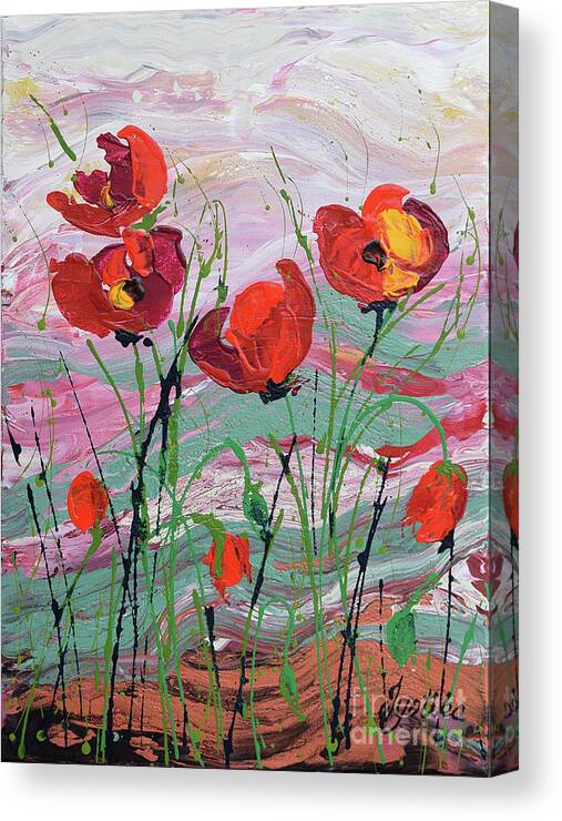Wild Poppies - Triptych Canvas Print featuring the painting Wild Poppies - 1 by Jyotika Shroff