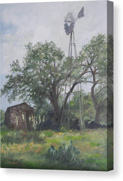 Texas Canvas Print featuring the painting Windmill at Genhaven by Connie Schaertl