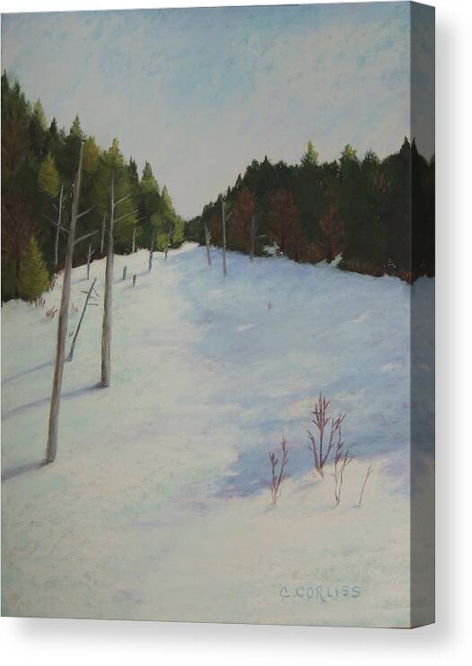 Winter Canvas Print featuring the painting Winter on Moose Pond by Carol Corliss