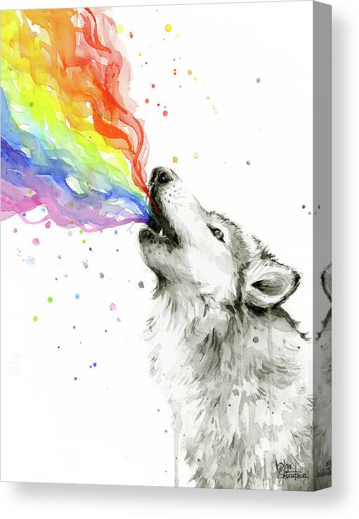 Watercolor Canvas Print featuring the painting Wolf Rainbow Watercolor by Olga Shvartsur