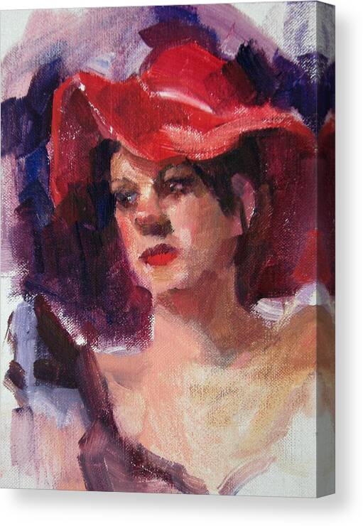 Portrait Canvas Print featuring the painting Woman in a Floppy Red Hat by Merle Keller