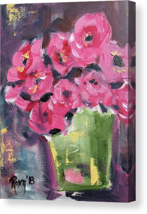 Roses Canvas Print featuring the painting Pink Roses in a Green Bucket by Roxy Rich
