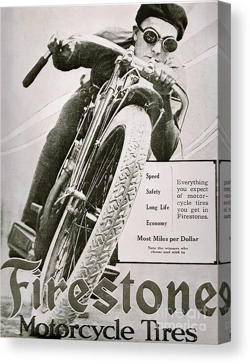 Vintage Canvas Print featuring the mixed media 1920s Firestone Advertisement Motorcycle Tires by Retrographs