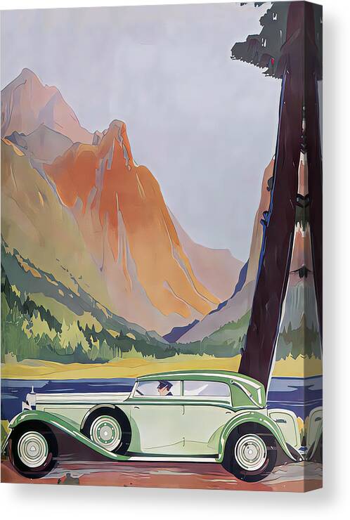 Vintage Canvas Print featuring the mixed media 1932 Mayback With Driver In Lake Mountain Setting Original French Art Deco Illustration by Retrographs