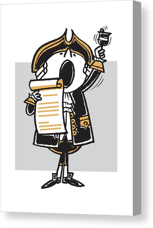 Adult Canvas Print featuring the drawing Yelling Historical Man Ringing Bell and Holding Scroll of News #3 by CSA Images