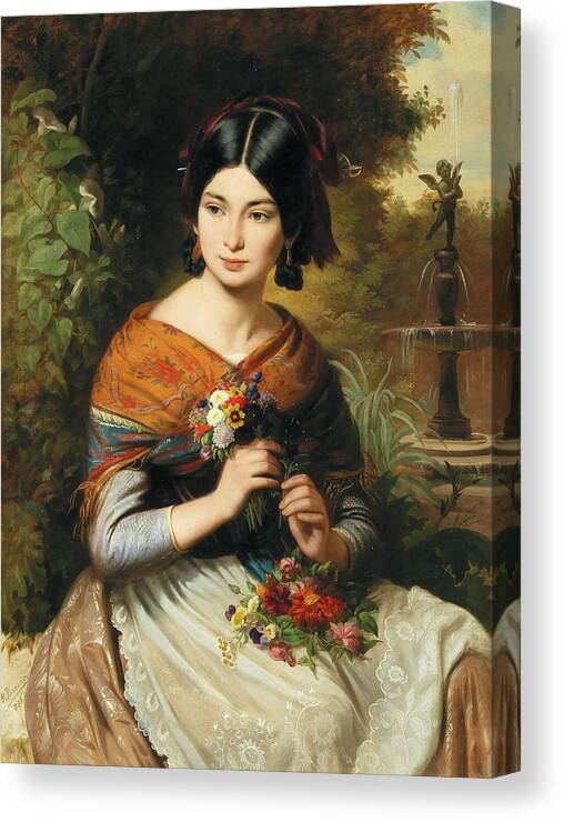 A Girl With Flowers Canvas Print featuring the painting A girl with flowers by Josef Borsos