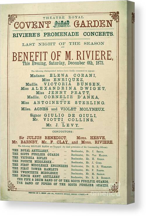 19th Century Canvas Print featuring the drawing Announcement For Riviere's Promendade Concerts At The Theatre Royal, Covent Garden On 6 December 1873, C.1873 by English School