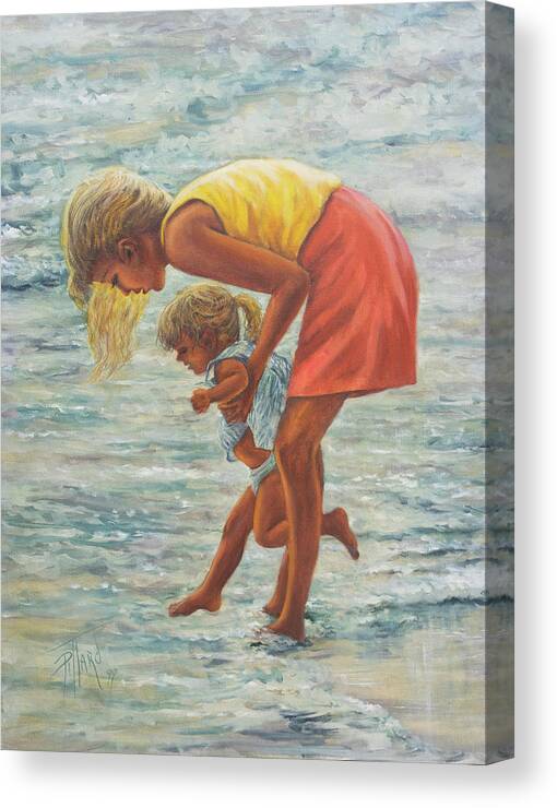 Mother And Child At Beach Canvas Print featuring the painting Forever Memories by Lynne Pittard