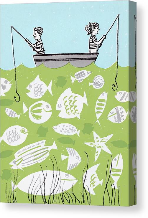 Activity Canvas Print featuring the drawing Boy and Girl Fishing by CSA Images