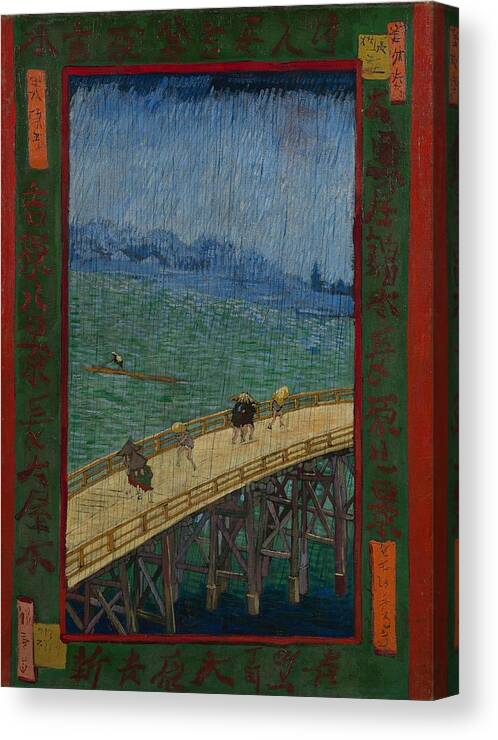 Oil On Canvas Canvas Print featuring the painting Bridge in the Rain -after Hiroshige-. by Vincent van Gogh -1853-1890-