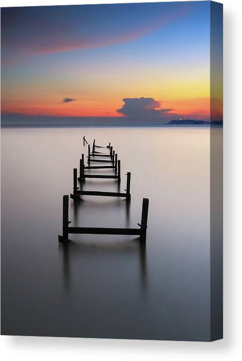 Tranquility Canvas Print featuring the photograph Broken Jetty Sunset by Fakrul Jamil Photography