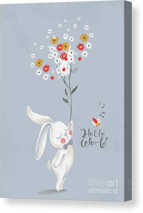 Gift Canvas Print featuring the digital art Card With Cute Rabbitbunny by Eteri Davinski