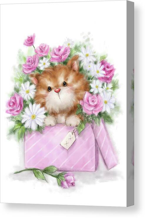 Cat In Box Of Flowers Canvas Print featuring the mixed media Cat In Box Of Flowers by Makiko