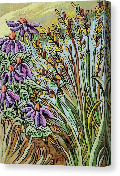 Flowers Canvas Print featuring the drawing Cone Flowers By Stream by Janice A Larson