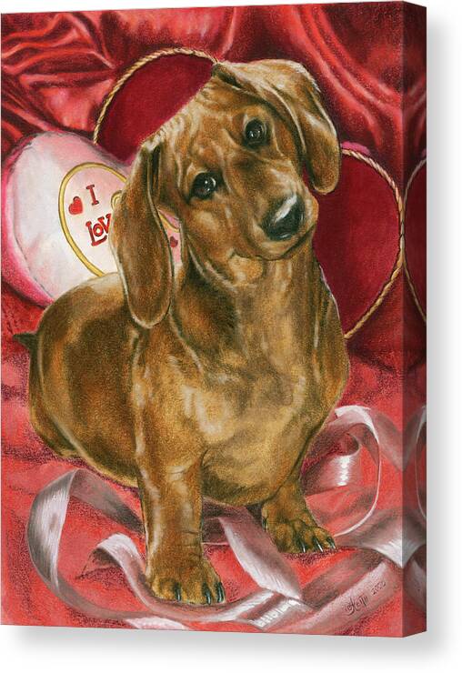 Dachshund With Valentines Gifts Canvas Print featuring the painting Dachshund Love by Barbara Keith