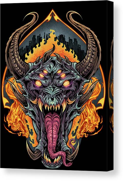 Demon Face And Fire Skulls Canvas Print featuring the digital art Demon Face And Fire Skulls by Flyland Designs