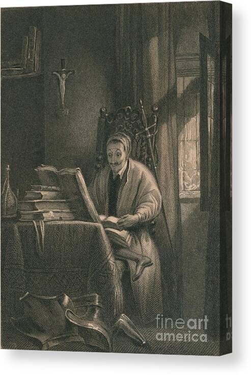 Engraving Canvas Print featuring the drawing Don Quixote In His Study, 1831 by Print Collector