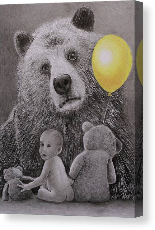 Monotone Canvas Print featuring the drawing Goldilocks and the three bears by Tim Ernst