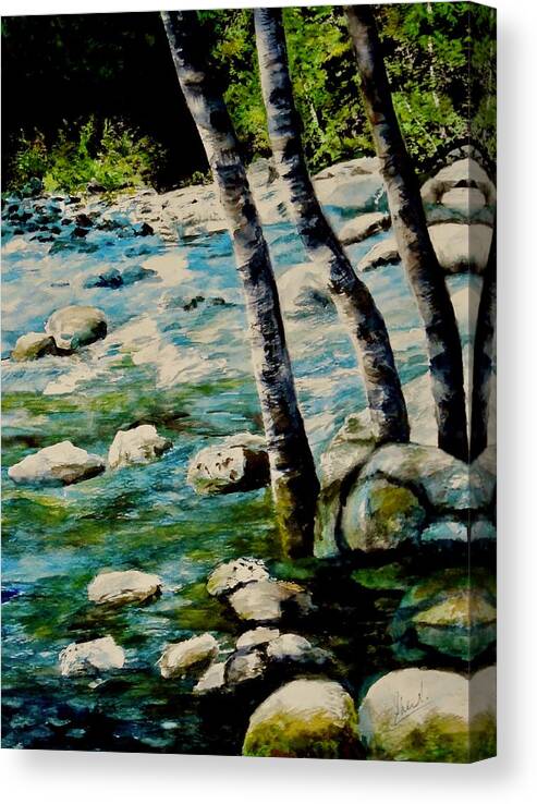 Rocky Waterfall Canvas Print featuring the painting Gushing Waters by Sher Nasser