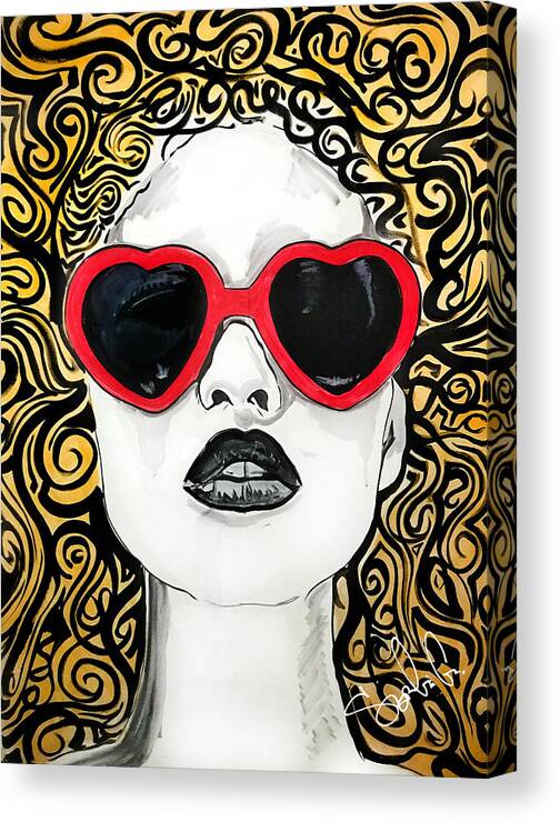 Glasses Heart Hearts Lips Hair Abstract Tribal Woman Lady Girl Female Love Eyes Shades Cool Sexy Mouth Feminine Gold Glitter Hot Canvas Print featuring the painting Her hair a buzz, heart glasses just because by Sergio Gutierrez