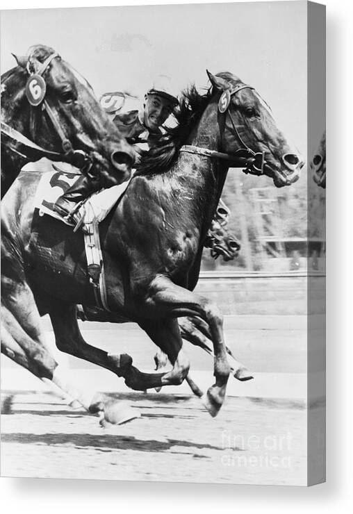 People Canvas Print featuring the photograph Horses Competing In Race by Bettmann