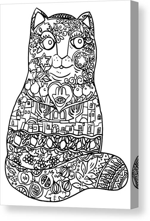 Judaica Folk Cat Canvas Print featuring the painting Judaica Folk Cat: Line Art by Oxana Zaika