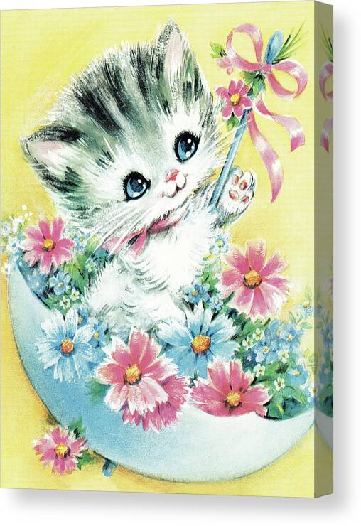 Animal Canvas Print featuring the drawing Kitten in Umbrella by CSA Images