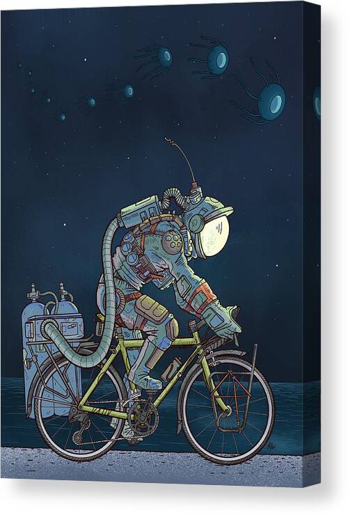 Digitalart Space Scifi Alien Bikes Cycling Spacesuit Scifiart Canvas Print featuring the digital art LFT, -260 Degrees by EvanArt - Evan Miller