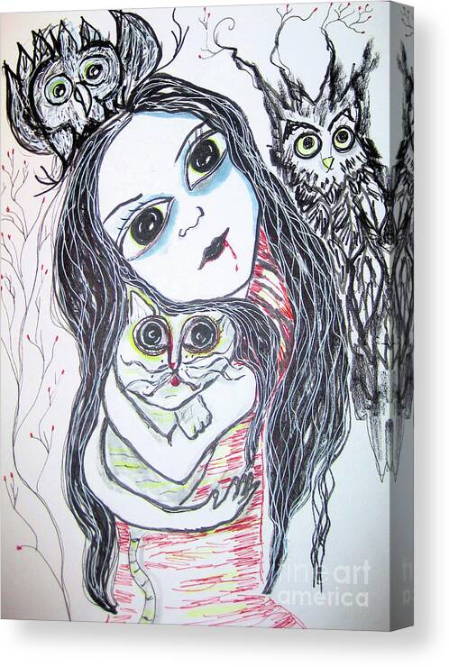 Big-eyed Girl Canvas Print featuring the mixed media Marie and Her Pets by Sandy DeLuca