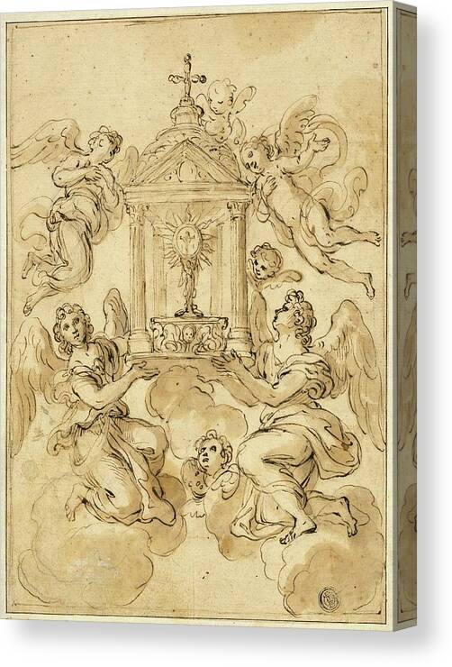 Angels Canvas Print featuring the drawing Monstrance Borne By Angels by Giacinto Calandrucci