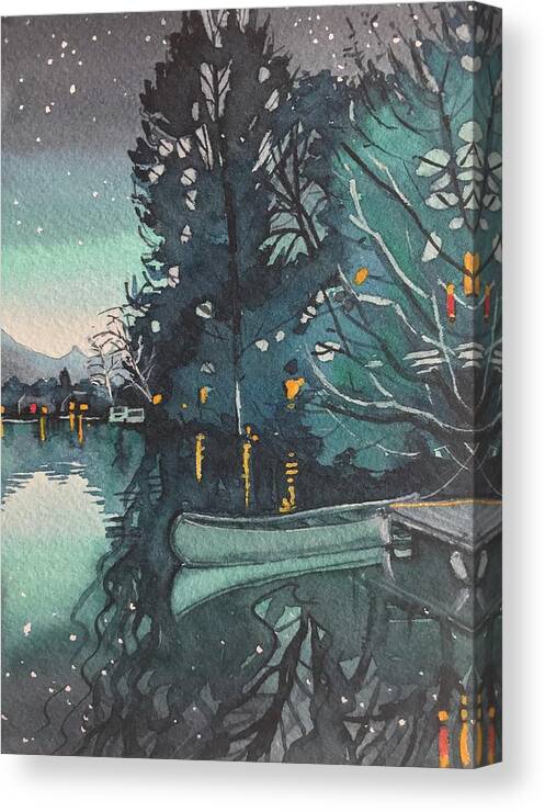 Watercolor Canvas Print featuring the painting Blue Evening Light at the Lake by Luisa Millicent