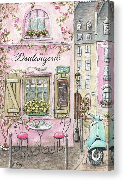 La Maison Rose Canvas Print featuring the painting Pink Paris Boulangerie With Vespa Scooter by Debbie Cerone
