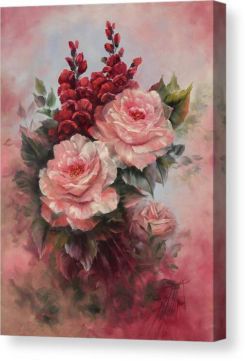 Floral Canvas Print featuring the painting Roses and Snapdragons by Lynne Pittard