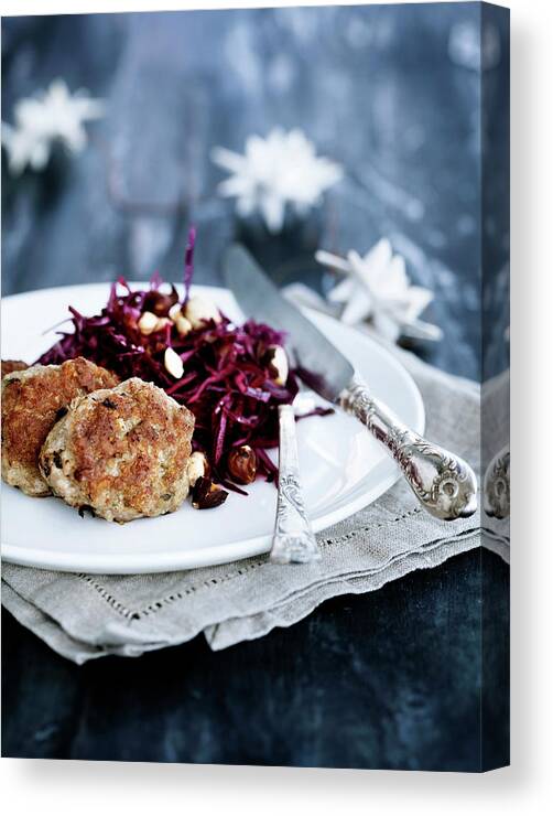 Croquette Canvas Print featuring the photograph Plate Of Meatballs And Salad by Line Klein