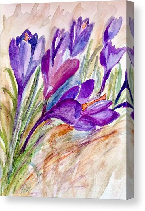 Watercolor Canvas Print featuring the painting Purple Crocus by Deb Stroh-Larson
