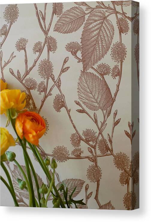 Wallpaper Canvas Print featuring the photograph Ranunculus On Floral Paper by Jennifer Causey